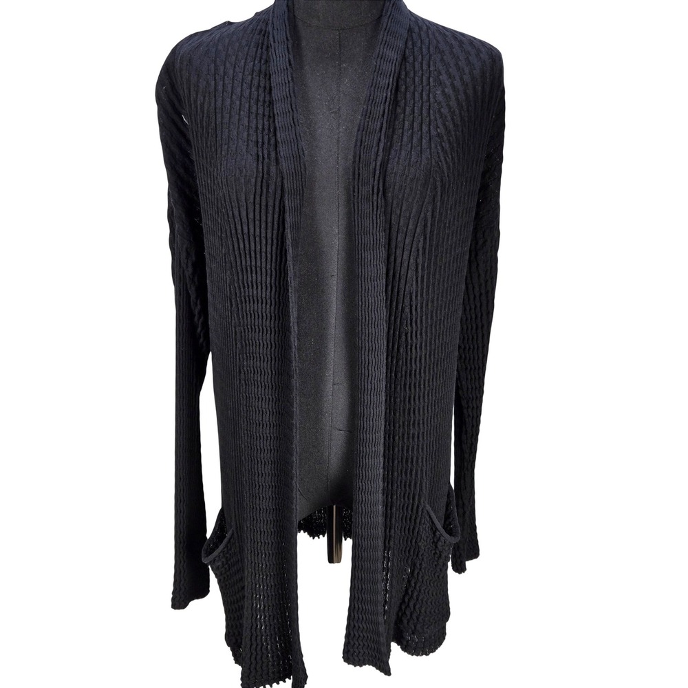 Women's Lafayette 148 Large Black Cotton Textured Open Front Cardigan Lagenlook